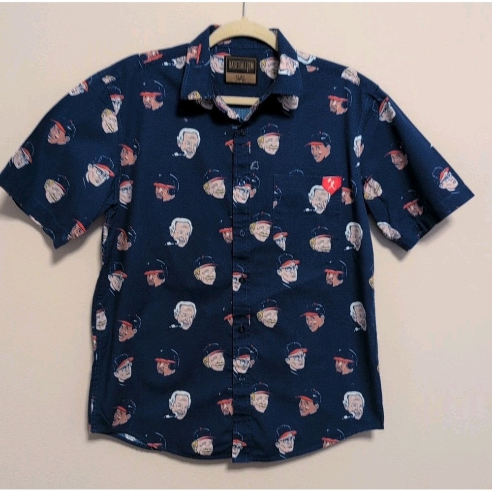 MAJOR LEAGUE Baseball Movie Theme Pattern Blue Mens Button Up Shirt Size S Men